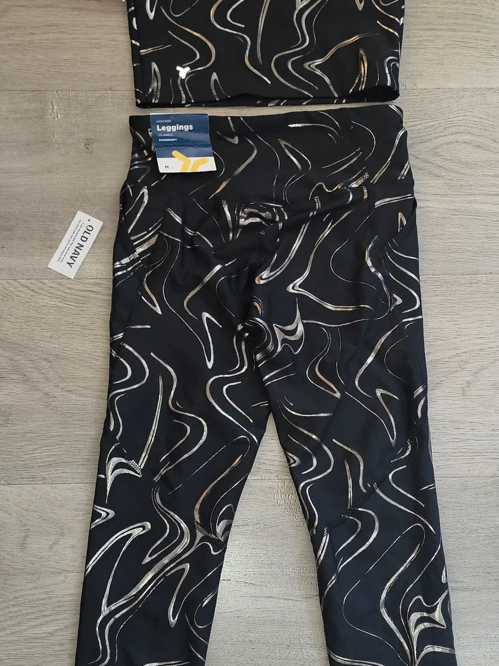 Old Navy Active Powersoft Girls Black Silver Marble-Print Leggings & Sports Bra